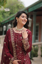 Thumbnail for Aastha Fashion Maroon Rangoli Silk Sequins & Thread Embroidered work Party Wear Designer Suit - Distacart