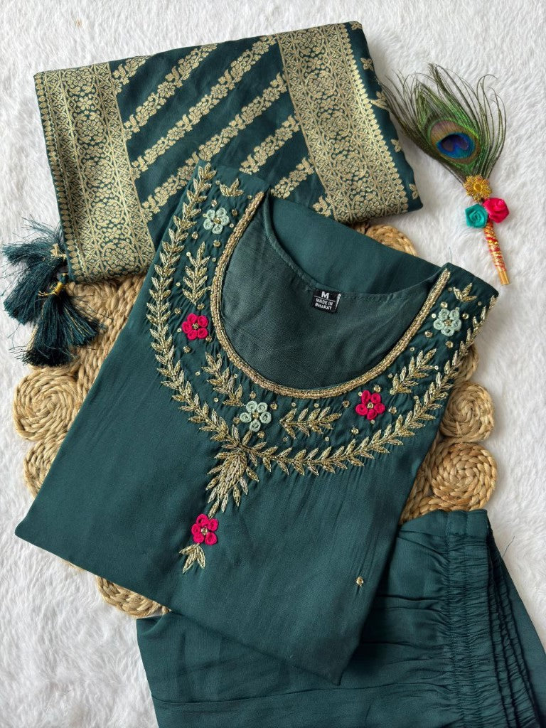 Aastha Fashion RamaGreen Roman Silk Hand Work Festival Wear Suit - Distacart
