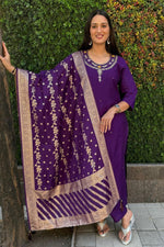 Thumbnail for Aastha Fashion Purple Roman Silk Hand Work Festival Wear Suit - Distacart