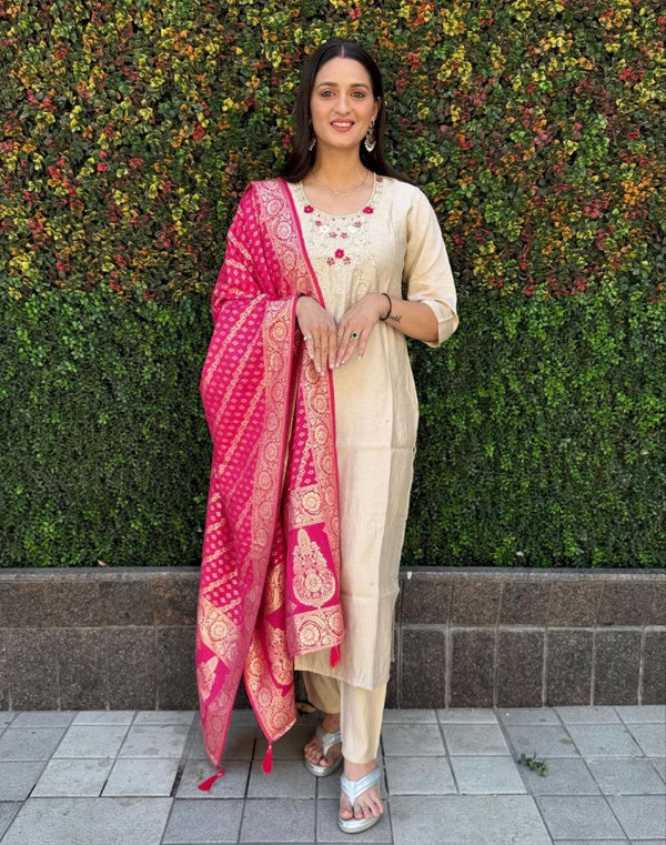 Aastha Fashion Cream Roman Silk Hand Work Festival Wear Suit - Distacart