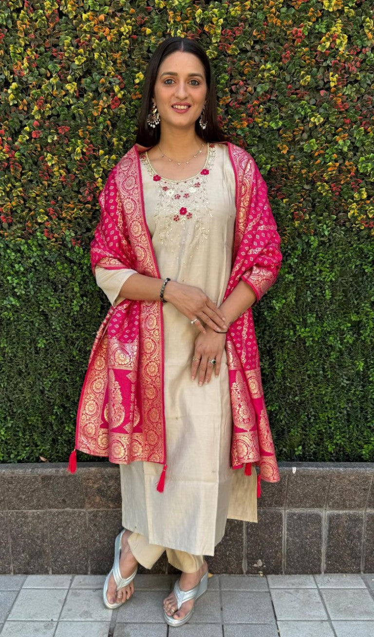 Aastha Fashion Cream Roman Silk Hand Work Festival Wear Suit - Distacart