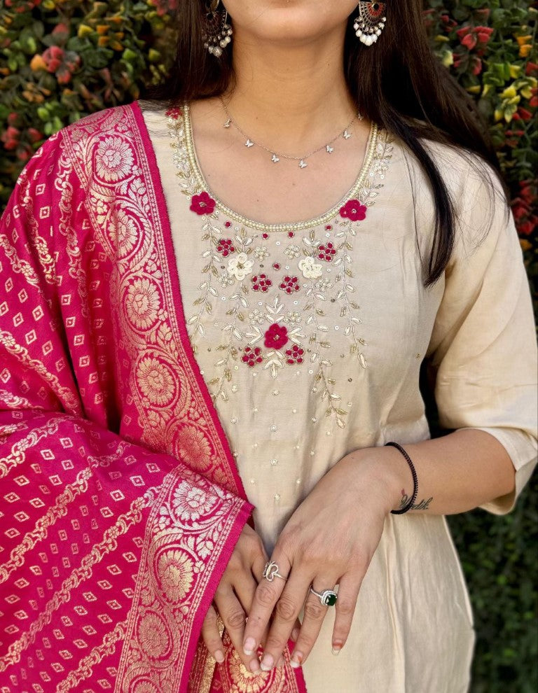 Aastha Fashion Cream Roman Silk Hand Work Festival Wear Suit - Distacart