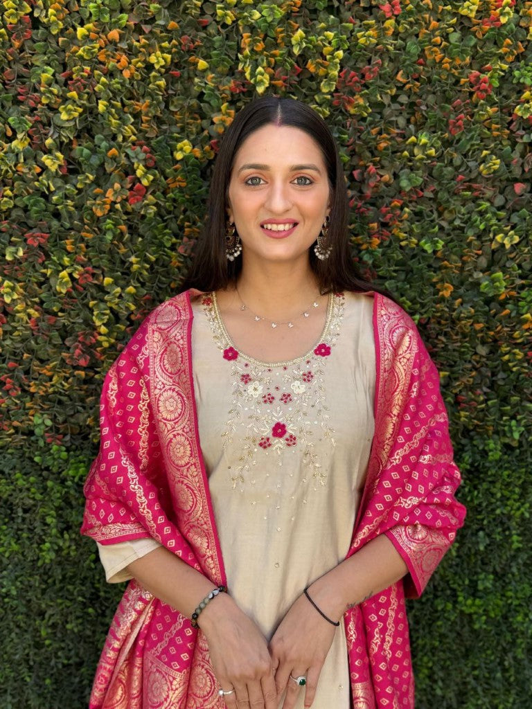 Aastha Fashion Cream Roman Silk Hand Work Festival Wear Suit - Distacart
