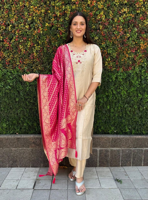 Aastha Fashion Cream Roman Silk Hand Work Festival Wear Suit - Distacart