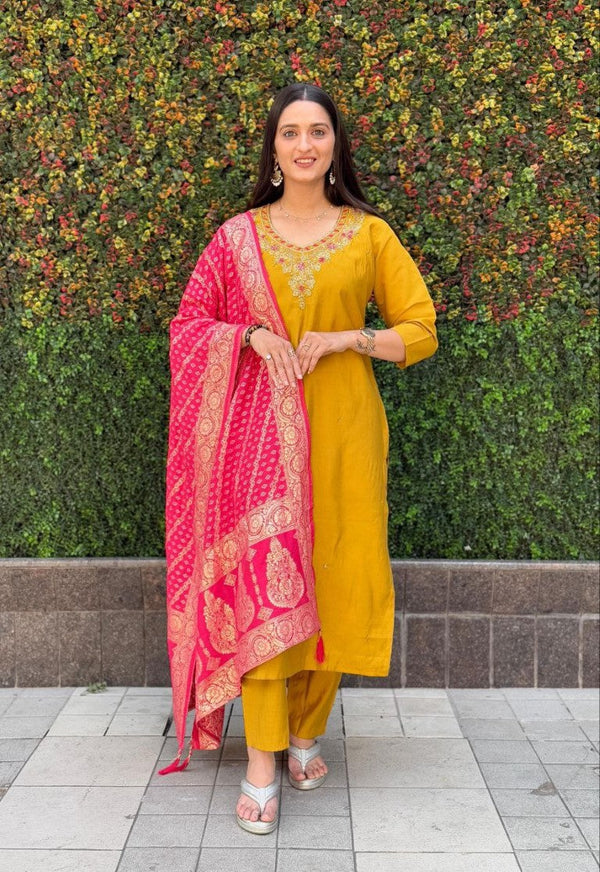 Aastha Fashion Yellow Roman Silk Hand Work Festival Wear Suit - Distacart
