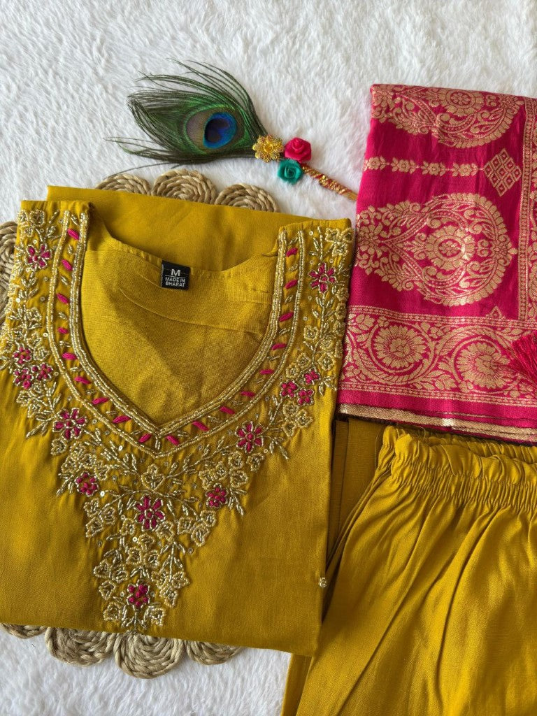 Aastha Fashion Yellow Roman Silk Hand Work Festival Wear Suit - Distacart