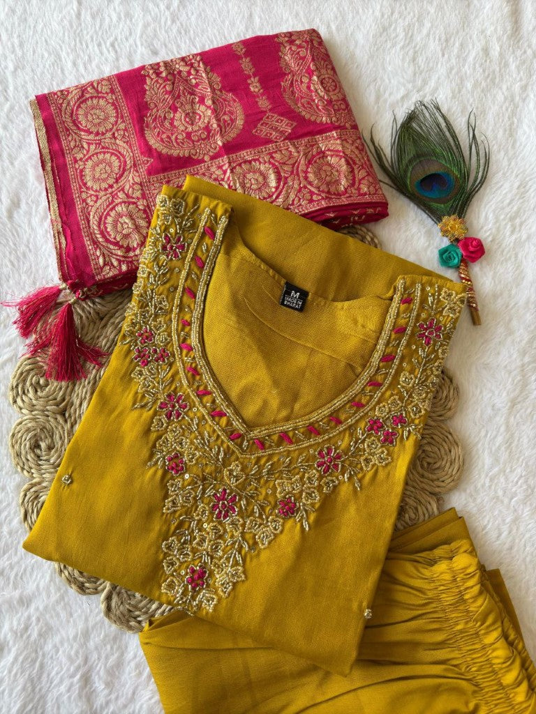 Aastha Fashion Yellow Roman Silk Hand Work Festival Wear Suit - Distacart