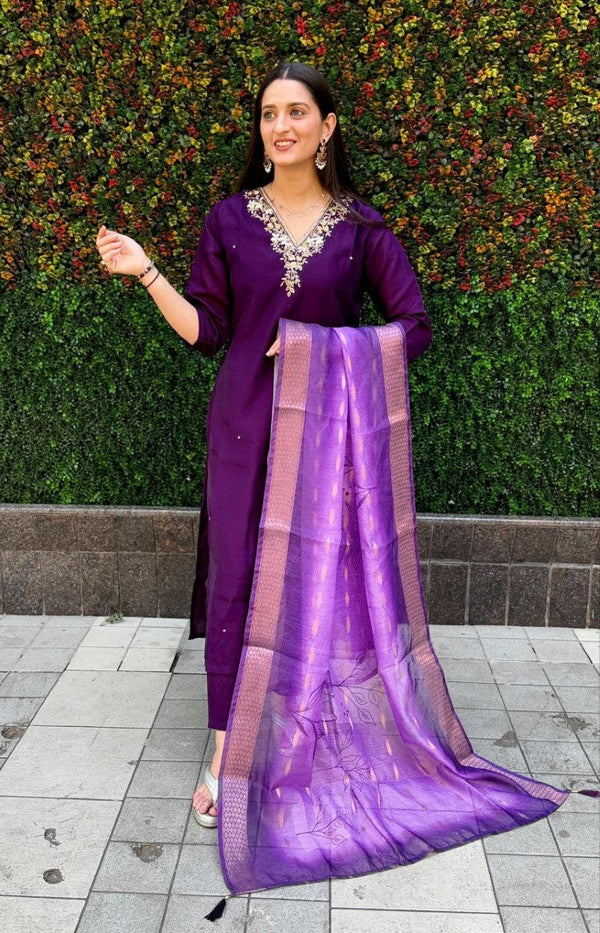 Aastha Fashion Dark Purple Roman Silk Hand Work Festival Wear Suit - Distacart