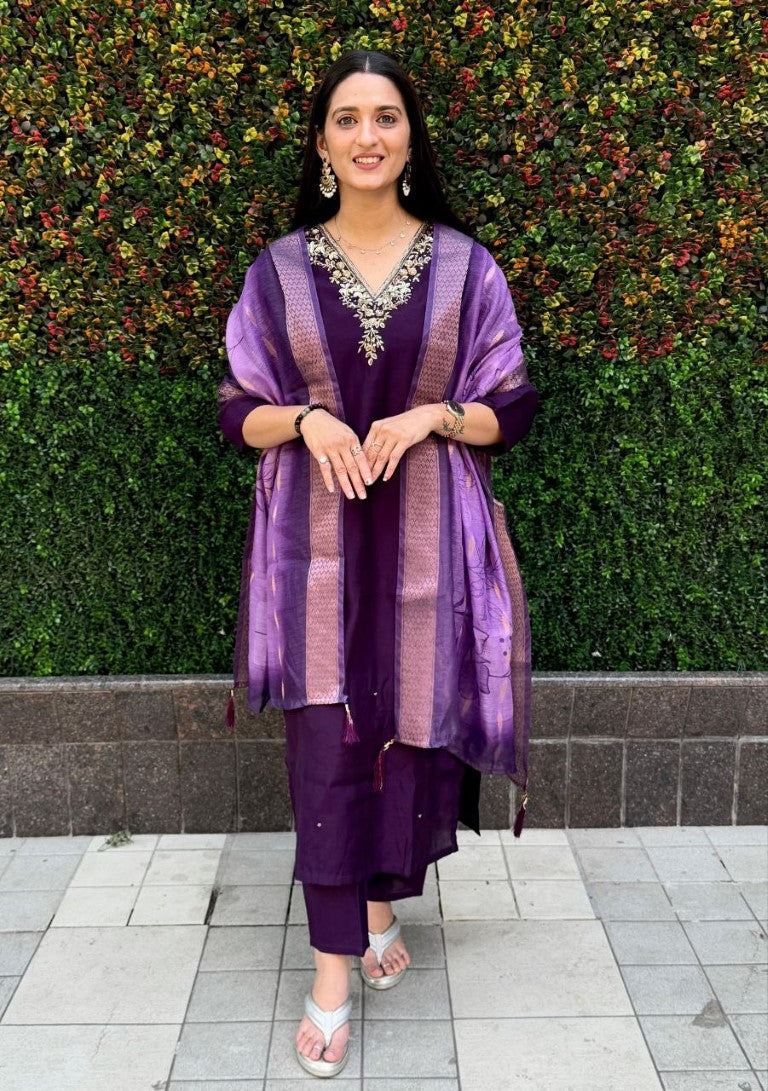 Aastha Fashion Dark Purple Roman Silk Hand Work Festival Wear Suit - Distacart