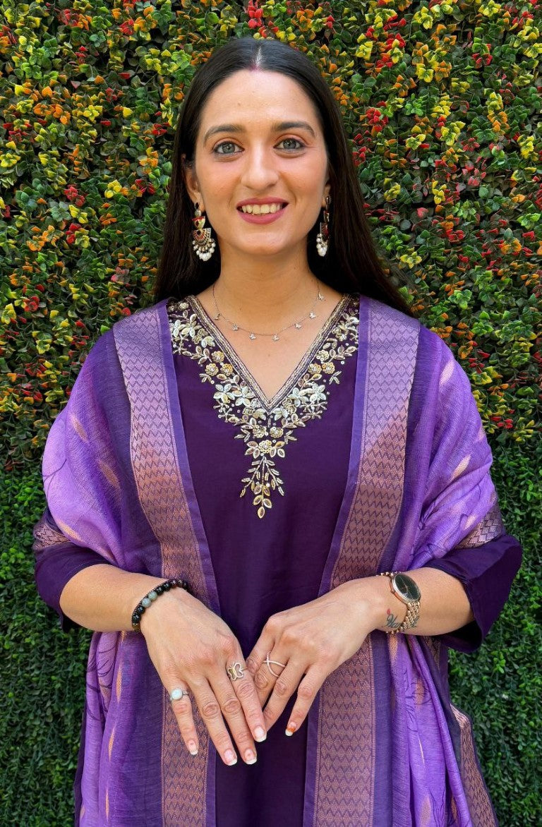 Aastha Fashion Dark Purple Roman Silk Hand Work Festival Wear Suit - Distacart