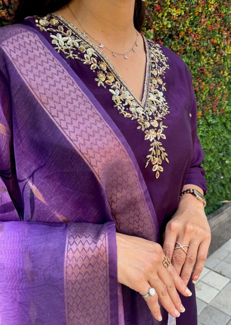 Aastha Fashion Dark Purple Roman Silk Hand Work Festival Wear Suit - Distacart