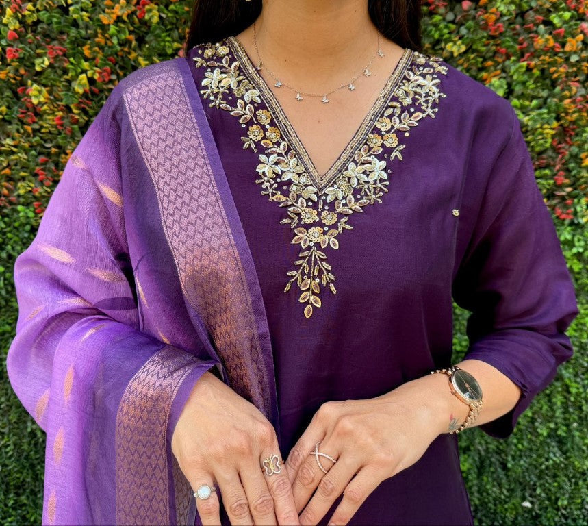 Aastha Fashion Dark Purple Roman Silk Hand Work Festival Wear Suit - Distacart