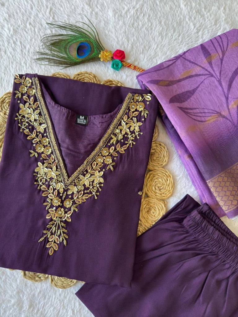 Aastha Fashion Dark Purple Roman Silk Hand Work Festival Wear Suit - Distacart