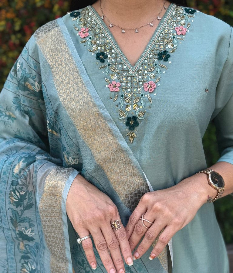 Aastha Fashion C-Green Roman Silk Hand Work Festival Wear Suit - Distacart