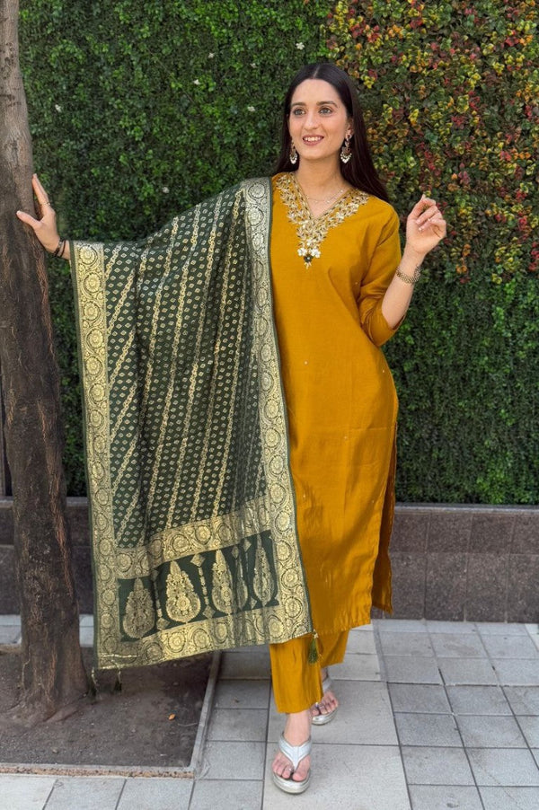 Aastha Fashion Mustard Yellow Roman Silk Hand Work Festival Wear Suit - Distacart