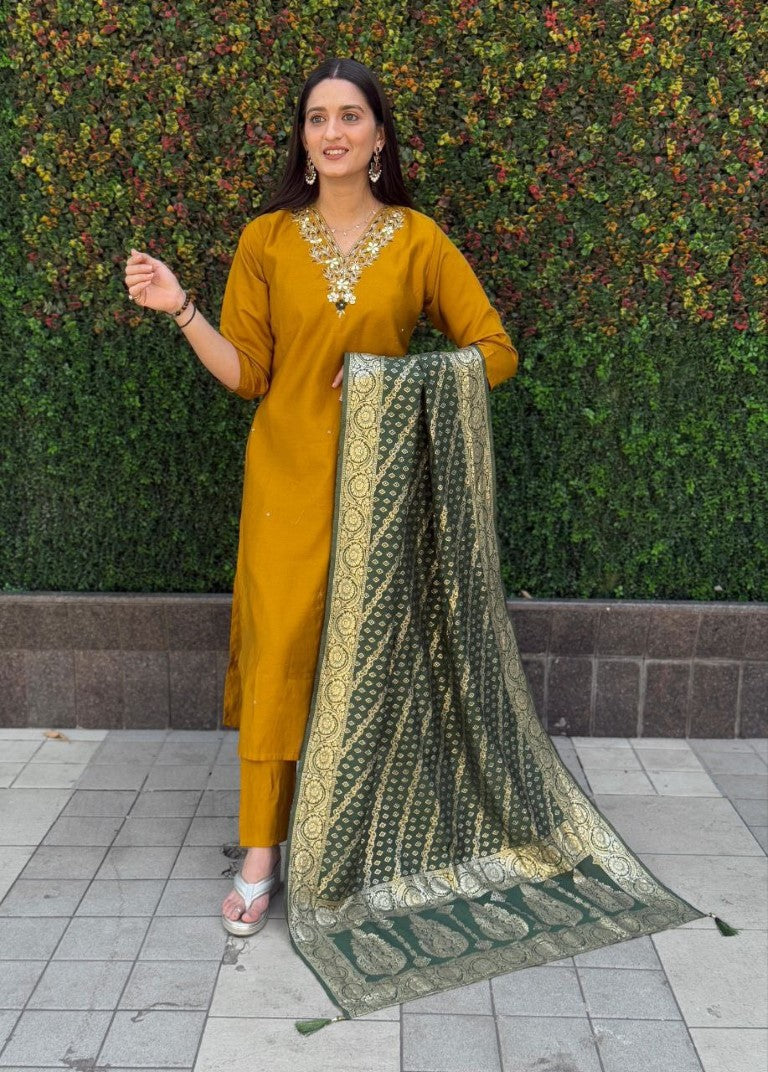 Aastha Fashion Mustard Yellow Roman Silk Hand Work Festival Wear Suit - Distacart