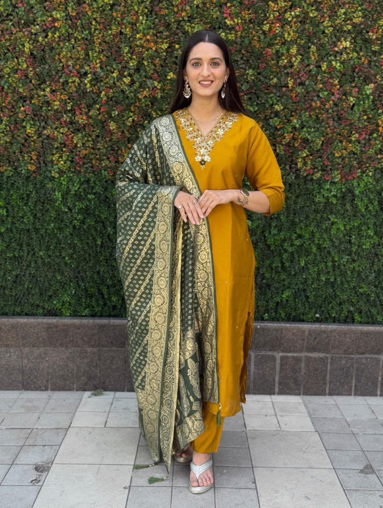 Aastha Fashion Mustard Yellow Roman Silk Hand Work Festival Wear Suit - Distacart