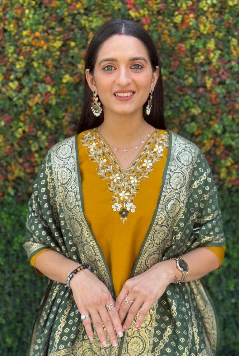 Aastha Fashion Mustard Yellow Roman Silk Hand Work Festival Wear Suit - Distacart
