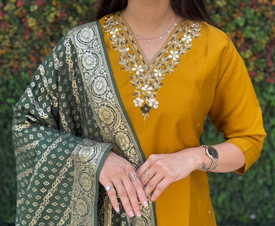 Aastha Fashion Mustard Yellow Roman Silk Hand Work Festival Wear Suit - Distacart
