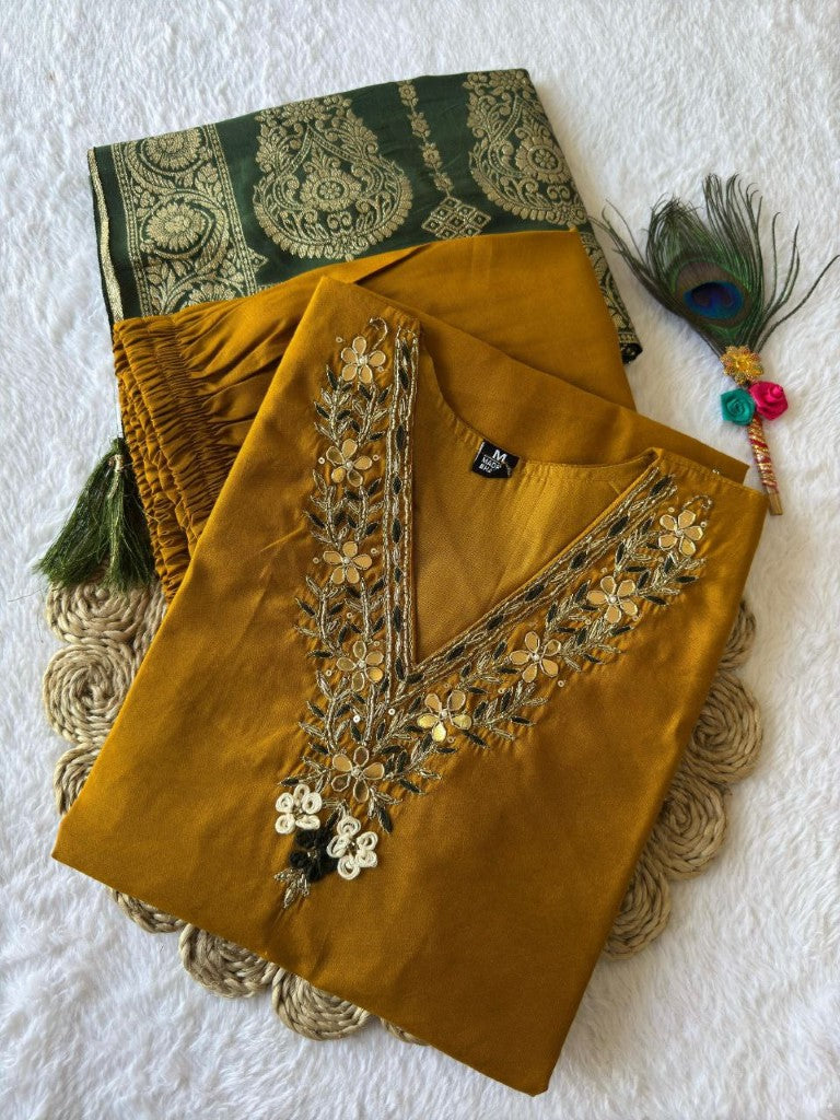 Aastha Fashion Mustard Yellow Roman Silk Hand Work Festival Wear Suit - Distacart