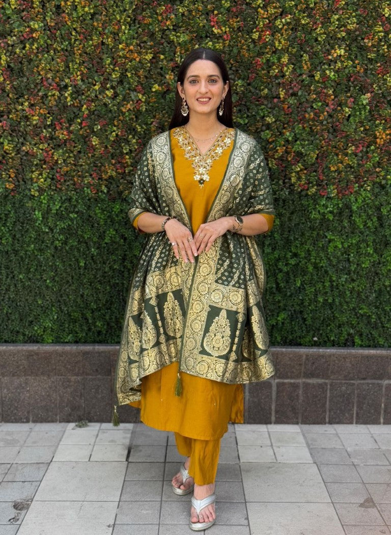 Aastha Fashion Mustard Yellow Roman Silk Hand Work Festival Wear Suit - Distacart