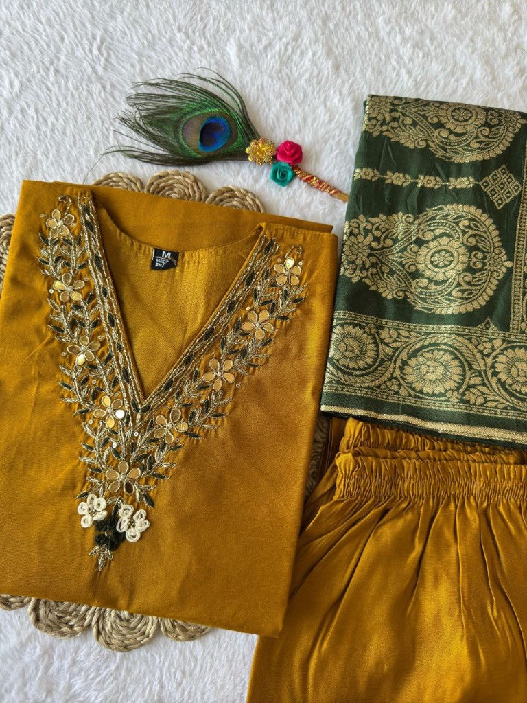 Aastha Fashion Mustard Yellow Roman Silk Hand Work Festival Wear Suit - Distacart