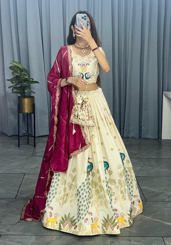 Aastha Fashion Cream 100% Pure Cotton Rich Embroidery Thread And Foil Zari Work Lehenga Choli