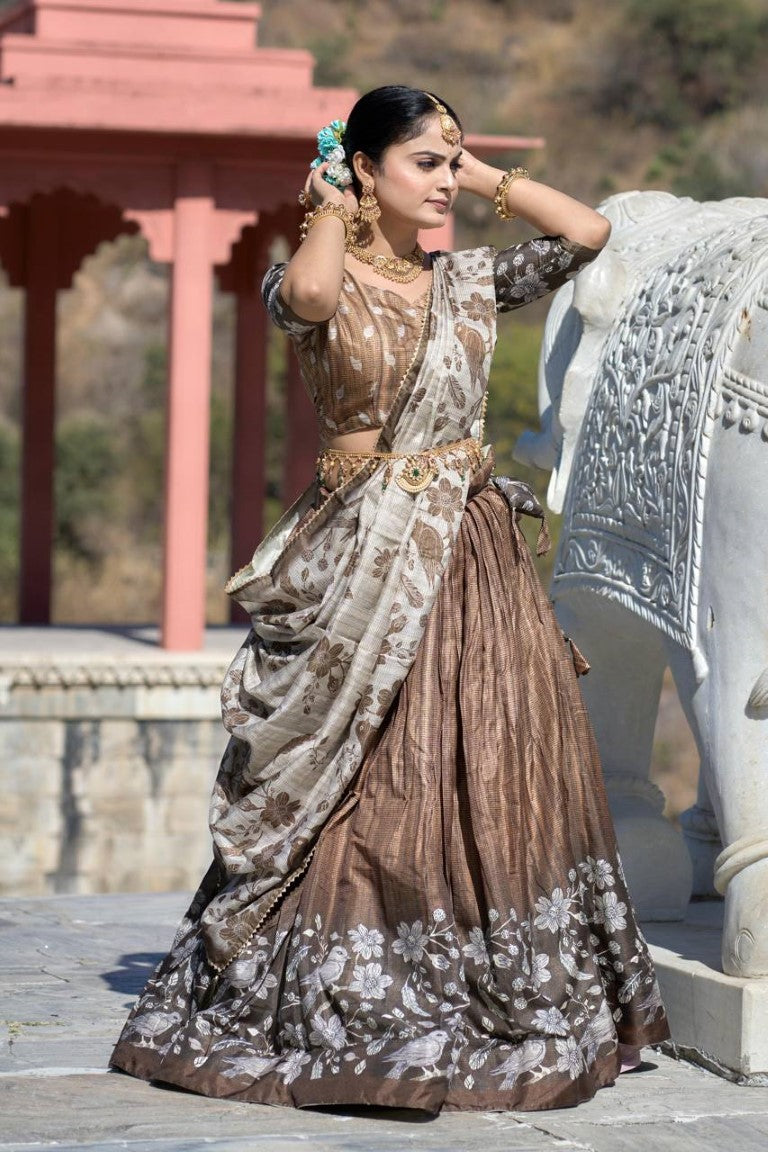 Aastha Fashion Choco Pure Manipuri Silk Fully Printed With Contrast Border Lehenga Choli