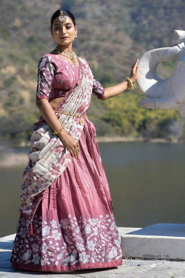 Aastha Fashion Deep Pink Pure Manipuri Silk Fully Printed With Contrast Border Lehenga Choli