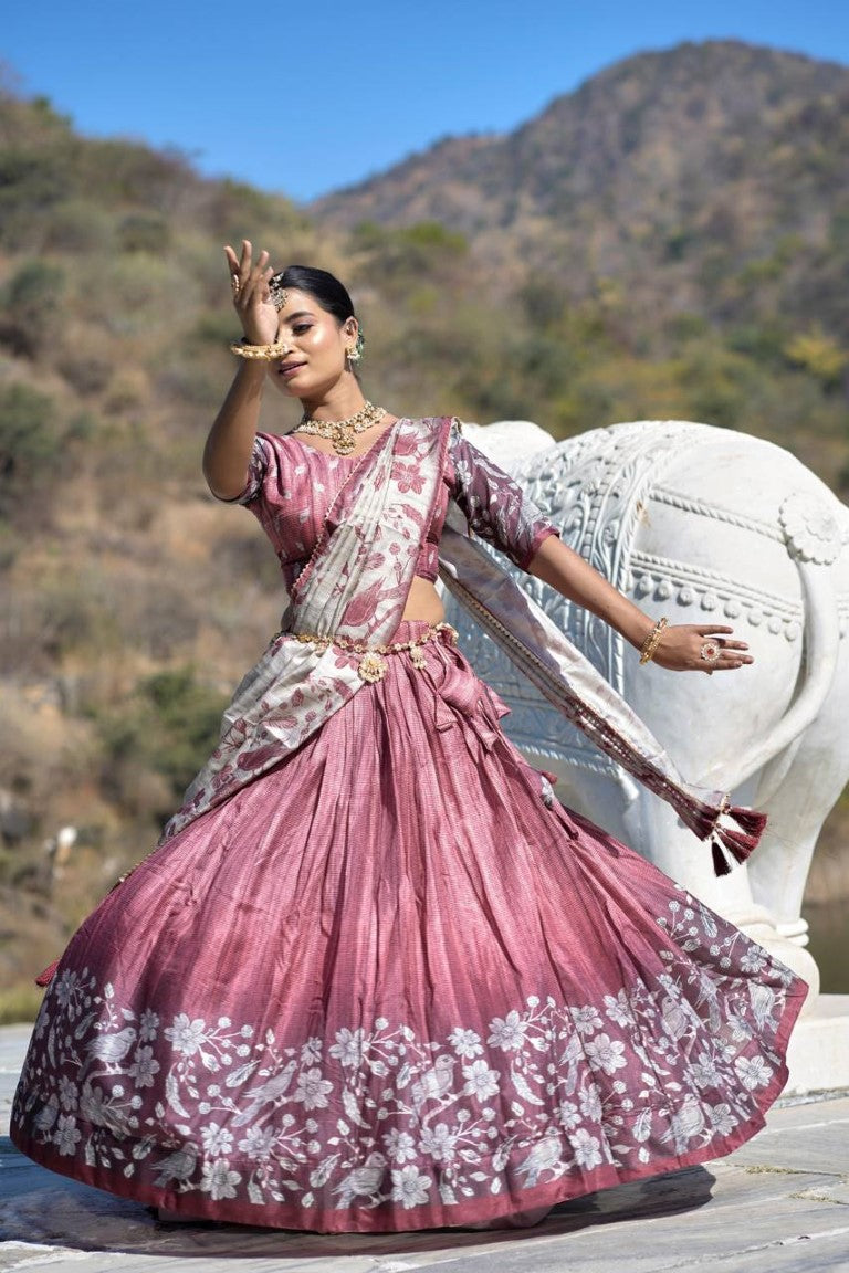 Aastha Fashion Deep Pink Pure Manipuri Silk Fully Printed With Contrast Border Lehenga Choli
