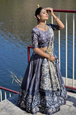 Thumbnail for Aastha Fashion Grey Pure Manipuri Silk Fully Printed With Contrast Border Lehenga Choli