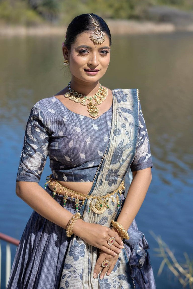 Aastha Fashion Grey Pure Manipuri Silk Fully Printed With Contrast Border Lehenga Choli