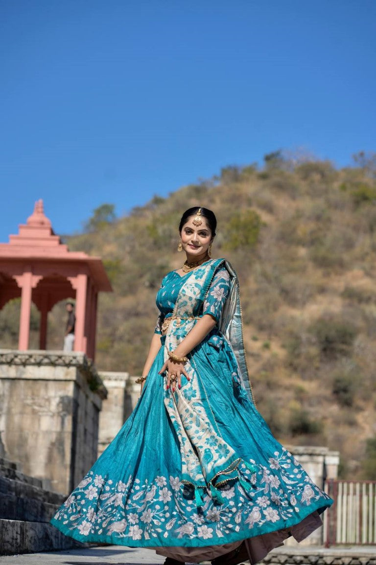 Aastha Fashion Cyan Pure Manipuri Silk Fully Printed With Contrast Border Lehenga Choli
