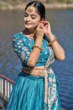Thumbnail for Aastha Fashion Cyan Pure Manipuri Silk Fully Printed With Contrast Border Lehenga Choli