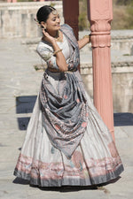 Thumbnail for Aastha Fashion Grey Pure Manipuri Silk Fully Printed With Contrast Border Lehenga Choli