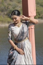 Thumbnail for Aastha Fashion Grey Pure Manipuri Silk Fully Printed With Contrast Border Lehenga Choli