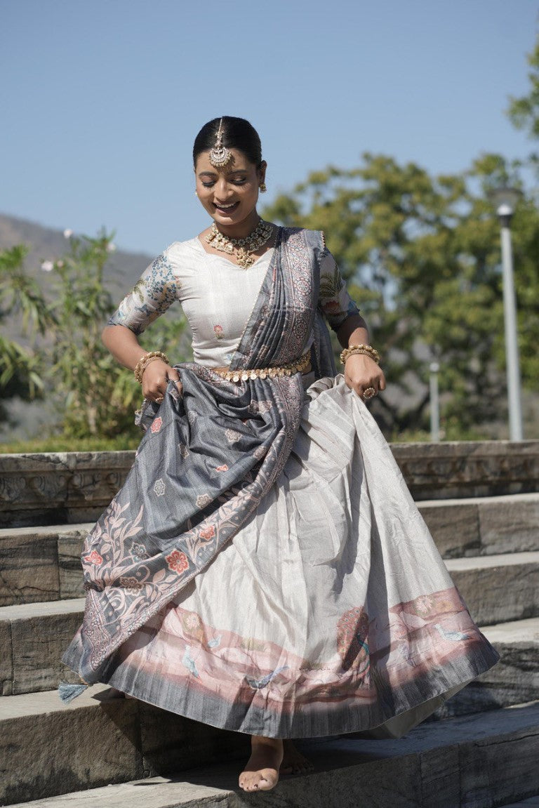 Aastha Fashion Grey Pure Manipuri Silk Fully Printed With Contrast Border Lehenga Choli