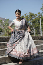 Thumbnail for Aastha Fashion Grey Pure Manipuri Silk Fully Printed With Contrast Border Lehenga Choli