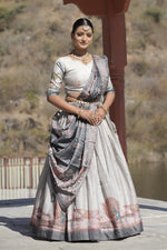 Thumbnail for Aastha Fashion Grey Pure Manipuri Silk Fully Printed With Contrast Border Lehenga Choli