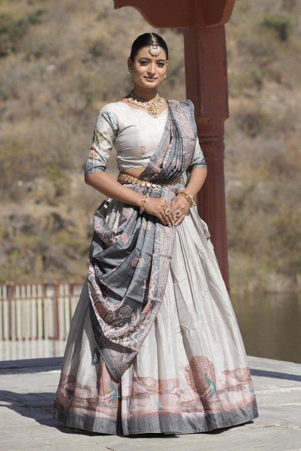 Aastha Fashion Grey Pure Manipuri Silk Fully Printed With Contrast Border Lehenga Choli