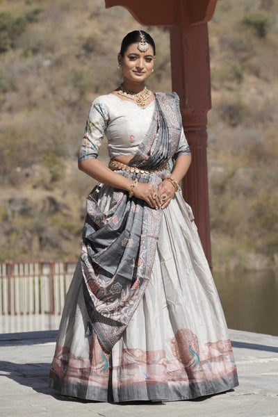 Aastha Fashion Grey Pure Manipuri Silk Fully Printed With Contrast Border Lehenga Choli