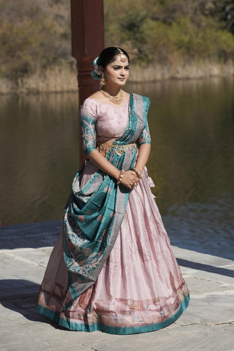 Aastha Fashion Pink Pure Manipuri Silk Fully Printed With Contrast Border Lehenga Choli