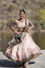 Thumbnail for Aastha Fashion Peach Pure Manipuri Silk Fully Printed With Contrast Border Lehenga Choli