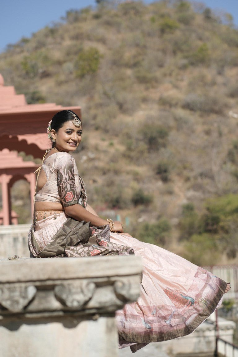 Aastha Fashion Peach Pure Manipuri Silk Fully Printed With Contrast Border Lehenga Choli