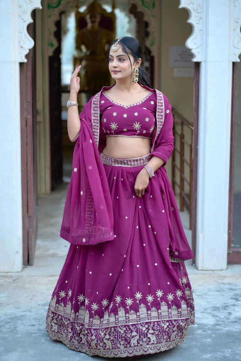 Aastha Fashion Wine Heavy Georgette Rich Embroidery With Sequence Work Lehenga Choli
