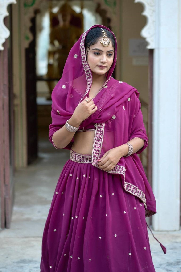 Aastha Fashion Wine Heavy Georgette Rich Embroidery With Sequence Work Lehenga Choli