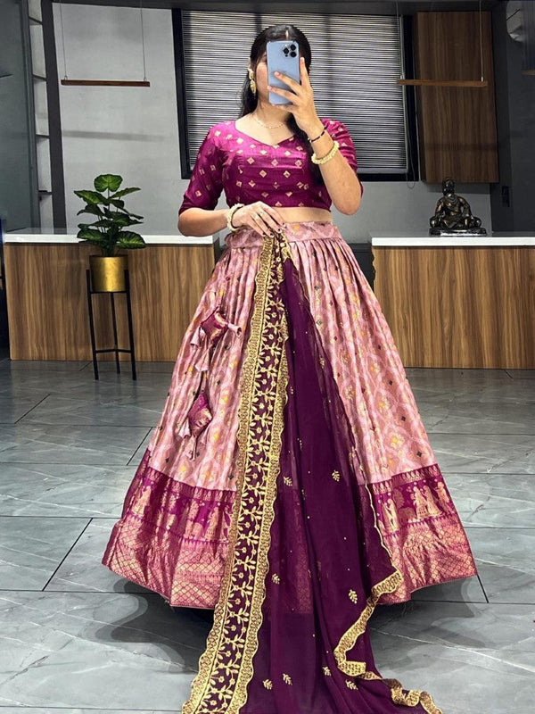 Aastha Fashion Wine Soft Dola Silk Fully Printed With Contrast Foil Work Border Lehenga Choli