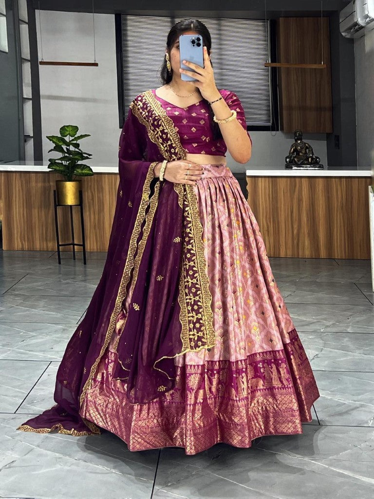 Aastha Fashion Wine Soft Dola Silk Fully Printed With Contrast Foil Work Border Lehenga Choli