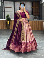 Thumbnail for Aastha Fashion Wine Soft Dola Silk Fully Printed With Contrast Foil Work Border Lehenga Choli