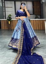 Thumbnail for Aastha Fashion Navy Blue Soft Dola Silk Fully Printed With Contrast Foil Work Border Lehenga Choli
